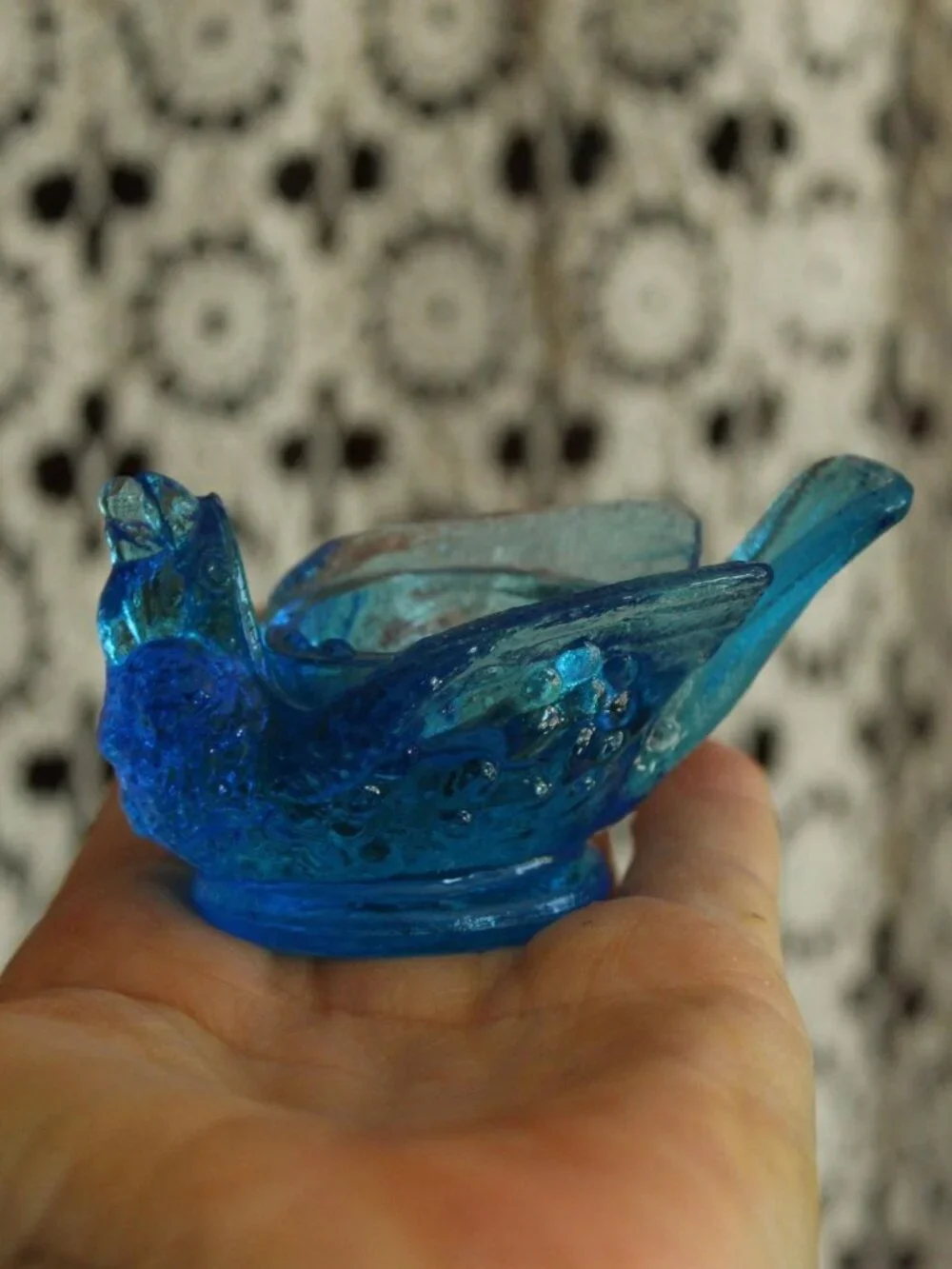 Vintage 1960s Salt Cellar, Kanawha Bermuda Blue Glass Bird with Berry